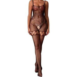 Women's Black  Sparkle Rhinestone Fishnet Teddy Bodysuit - Sexy Mesh Lingerie